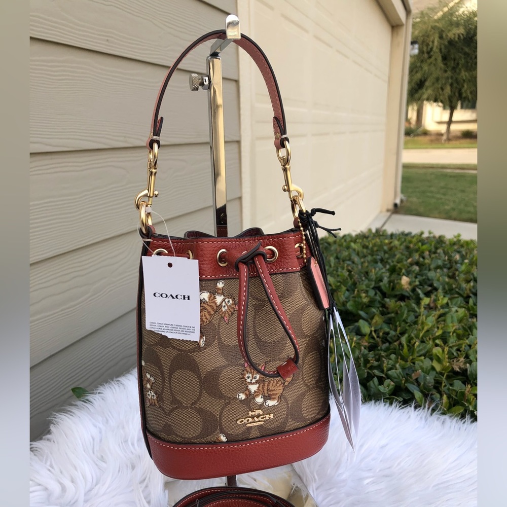 New 🎀 Coach Mini Dempsey Bucket Bag In Signature Canvas With Kitten Print Cat - Picture 2 of 15